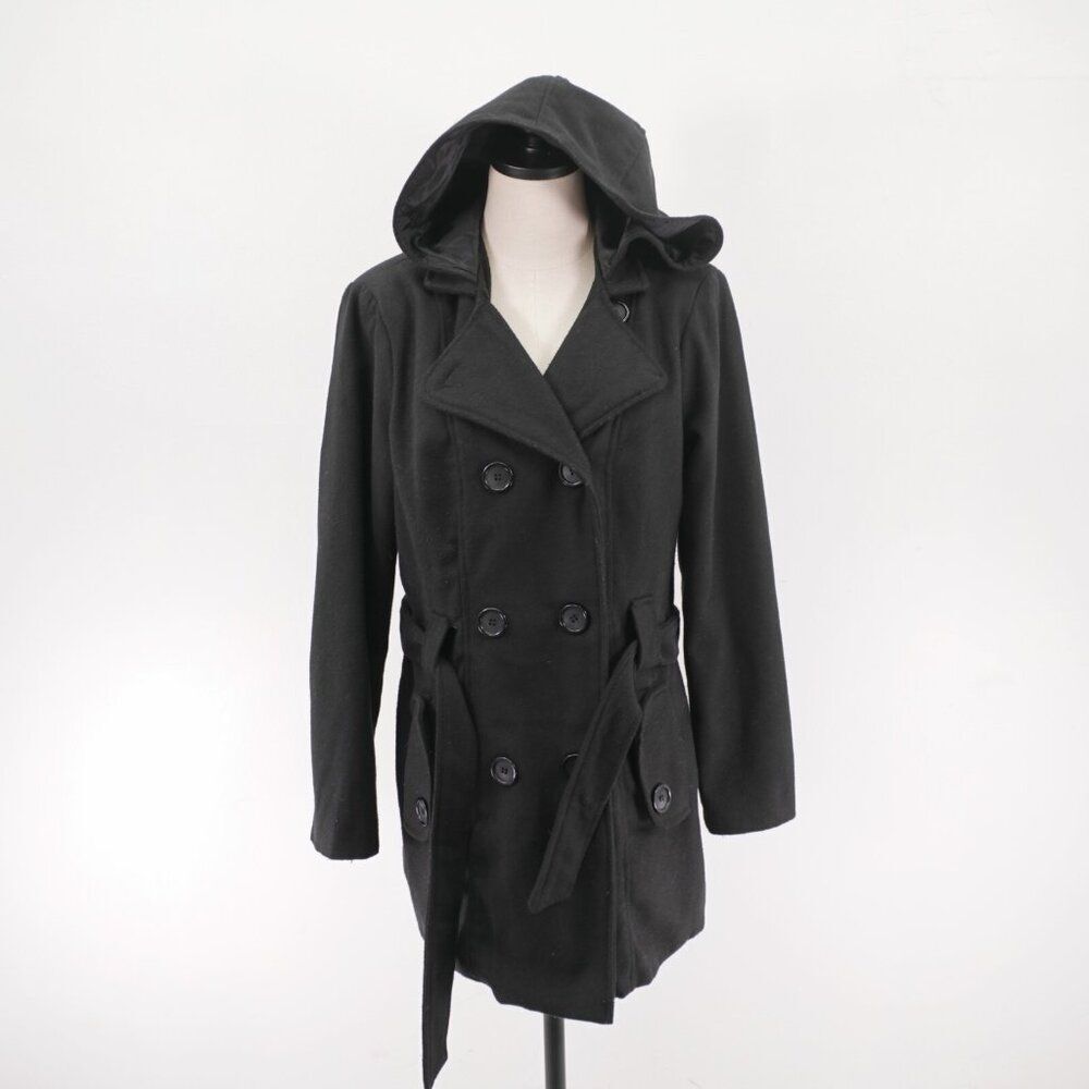 Metaphor Medium Black Double‎ Breasted Belted Hooded Polyester Blend Overcoat